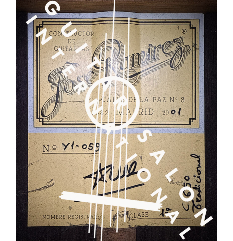 The label of a 2001 Jose Ramirez "1a Tradicional" classical guitar made of cedar and Indian rosewood