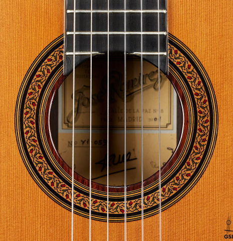 The rosette of a 2001 Jose Ramirez "1a Tradicional" classical guitar made of cedar and Indian rosewood