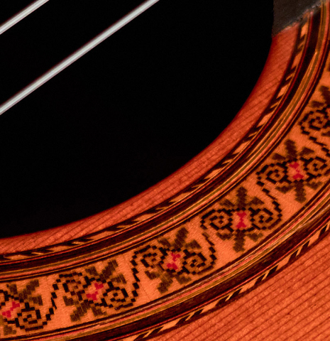 A close-up of the rosette of a 1973 Jose Ramirez &quot;1a&quot; classical guitar made with cedar and CSA rosewood