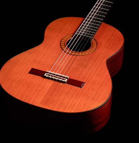The front of a 1973 Jose Ramirez &quot;1a&quot; classical guitar made with cedar and CSA rosewood