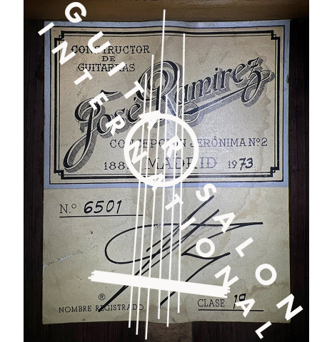 The label of a 1973 Jose Ramirez &quot;1a&quot; classical guitar made with cedar and CSA rosewood