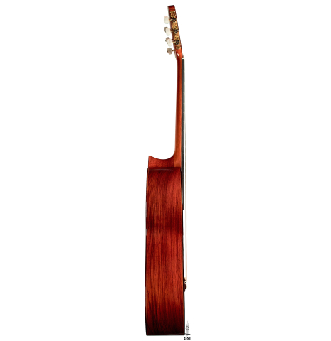 The side of a 1973 Jose Ramirez &quot;1a&quot; classical guitar made with cedar and CSA rosewood