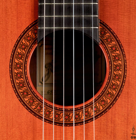 The rosette of a 1973 Jose Ramirez &quot;1a&quot; classical guitar made with cedar and CSA rosewood