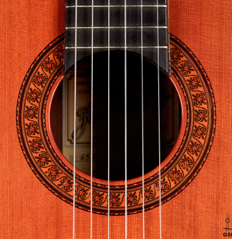 The rosette of a 1973 Jose Ramirez &quot;1a&quot; classical guitar made with cedar and CSA rosewood