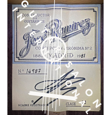The label of a 1981 Jose Ramirez &quot;1a&quot; classical guitar made with cedar and Indian rosewood