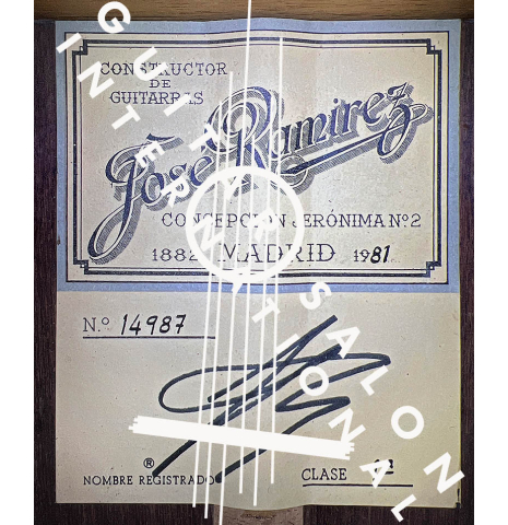 The label of a 1981 Jose Ramirez "1a" classical guitar made with cedar and Indian rosewood
