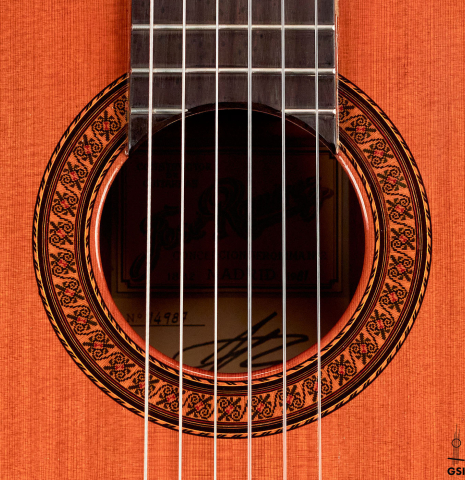 The rosette of a 1981 Jose Ramirez &quot;1a&quot; classical guitar made with cedar and Indian rosewood