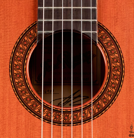The rosette of a 1981 Jose Ramirez "1a" classical guitar made with cedar and Indian rosewood