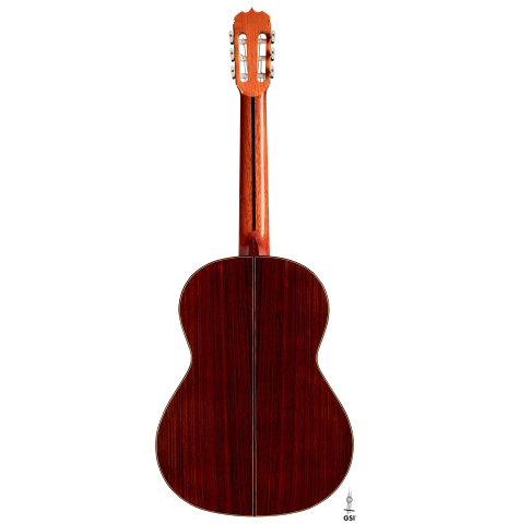 The back of a 1981 Jose Ramirez "1a" classical guitar made with cedar and Indian rosewood