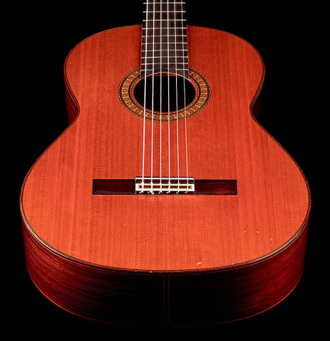 The soundboard of a 1981 Jose Ramirez "1a" classical guitar made with cedar and Indian rosewood
