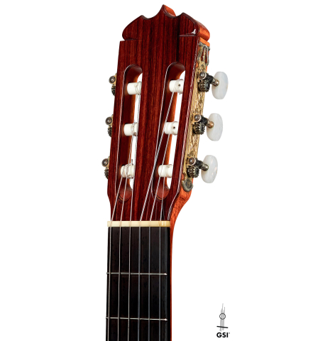 The headstock of a 1981 Jose Ramirez "1a" classical guitar made with cedar and Indian rosewood
