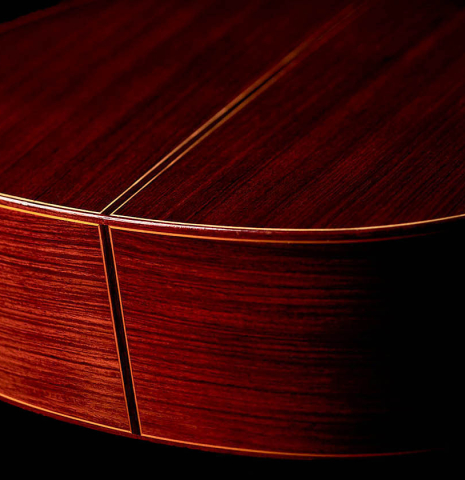The back and sides of a 1981 Jose Ramirez "1a" classical guitar made with cedar and Indian rosewood