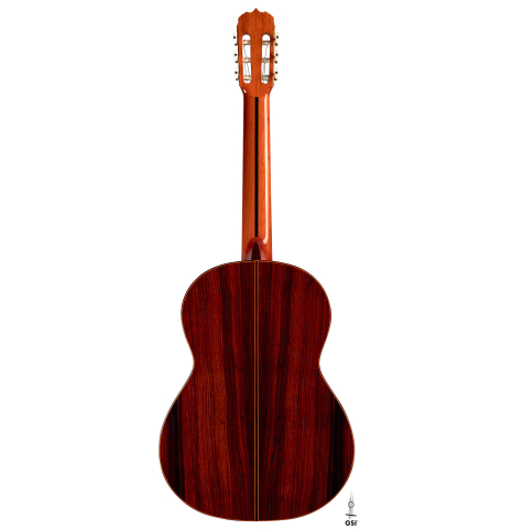 This is the back of a Jose Ramirez "1a" classical guitar built in 1978 on a white background. It has a cedar soundboard and Indian rosewood back and sides.