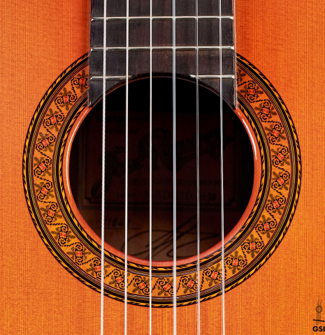 This is the rosette of a Jose Ramirez &quot;1a&quot; classical guitar built in 1978. It has a cedar soundboard and Indian rosewood back and sides.