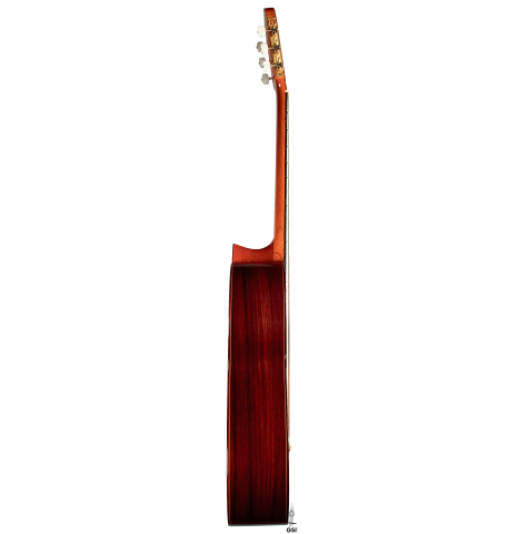 This is the side of a Jose Ramirez "1a" classical guitar built in 1978 on a white background. It has a cedar soundboard and Indian rosewood back and sides.