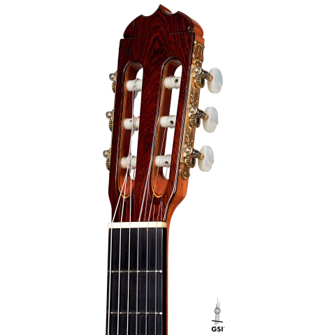 This is the head and tuners of a Jose Ramirez &quot;1a&quot; classical guitar built in 2006 on a white background. It has a cedar soundboard and CSA rosewood back and sides.