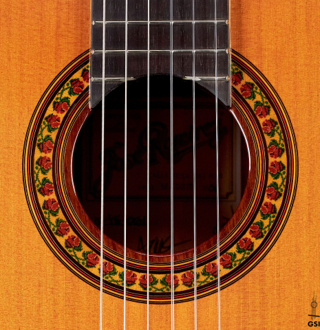 This is the rosette of a Jose Ramirez &quot;1a&quot; classical guitar built in 2006. It has a cedar soundboard and CSA rosewood back and sides.