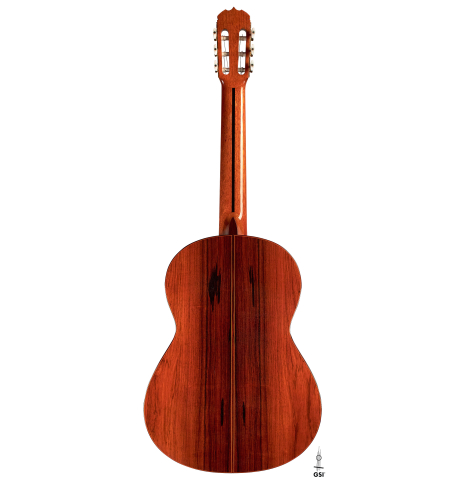 The back of a 1974 Jose Ramirez "2a" Spanish classical guitar made with cedar top and Indian rosewood back and sides.