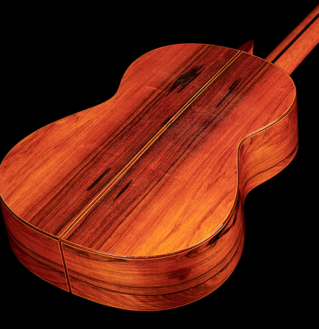 The back of a 1974 Jose Ramirez "2a" Spanish classical guitar made with cedar top and Indian rosewood back and sides.