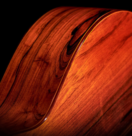 The back and sides of a 1974 Jose Ramirez "2a" Spanish classical guitar made with cedar top and Indian rosewood back and sides.