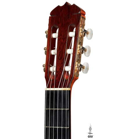 The headstock of a 1974 Jose Ramirez "2a" Spanish classical guitar made with cedar top and Indian rosewood back and sides.