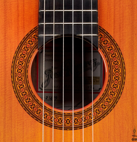 The rosette of a 1974 Jose Ramirez "2a" Spanish classical guitar made with cedar top and Indian rosewood back and sides.