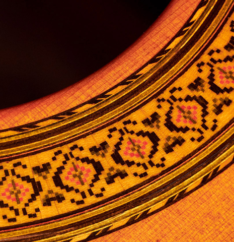 The rosette of a 1974 Jose Ramirez "2a" Spanish classical guitar made with cedar top and Indian rosewood back and sides.