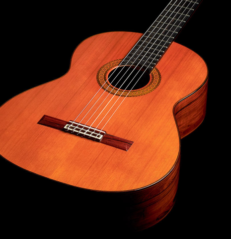 The front of a 1974 Jose Ramirez "2a" Spanish classical guitar made with cedar top and Indian rosewood back and sides.