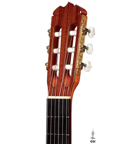 The headstock of a 1988 Jose Ramirez "1a" classical guitar made of spruce and CSA rosewood