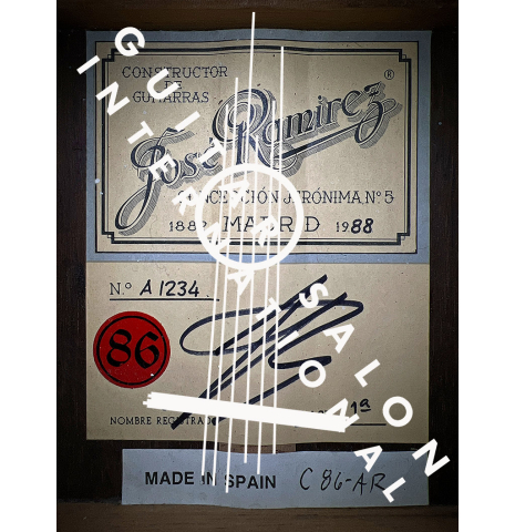 The label of a 1988 Jose Ramirez "1a" classical guitar made of spruce and CSA rosewood