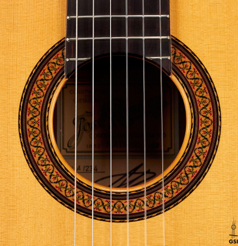 The rosette of a 1988 Jose Ramirez "1a" classical guitar made of spruce and CSA rosewood