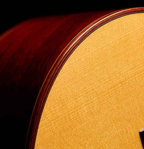 The soundboard and binding of a 1988 Jose Ramirez "1a" classical guitar made of spruce and CSA rosewood
