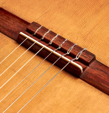 The bridge and nylon strings of a 1900's Manuel Ramirez &quot;Santos&quot; vintage classical guitar made of spruce and mahogany