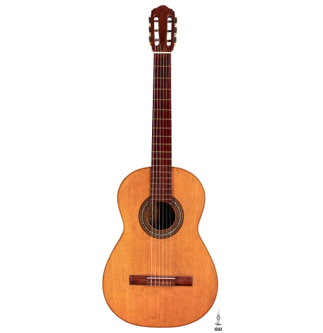 The front of a 1900's Manuel Ramirez &quot;Santos&quot; vintage classical guitar made of spruce and mahogany
