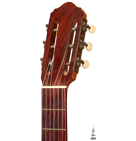 The headstock of a 1900's Manuel Ramirez &quot;Santos&quot; vintage classical guitar made of spruce and mahogany