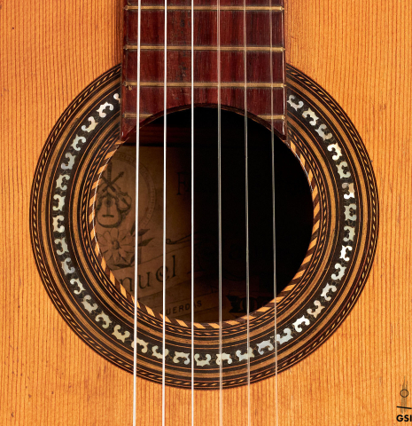 The rosette of a 1900's Manuel Ramirez &quot;Santos&quot; vintage classical guitar made of spruce and mahogany