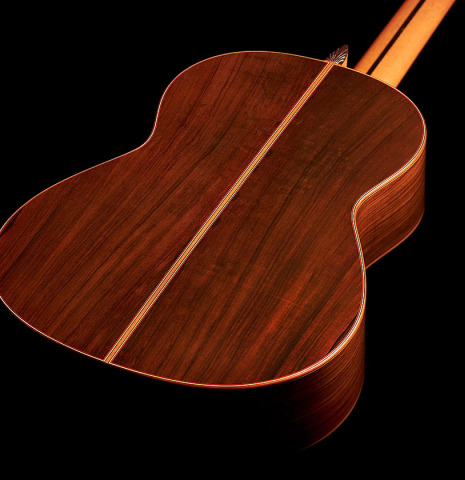 The back of a 2003 Jose Ramirez &quot;Centenario&quot; classical guitar made of cedar and CSA rosewood
