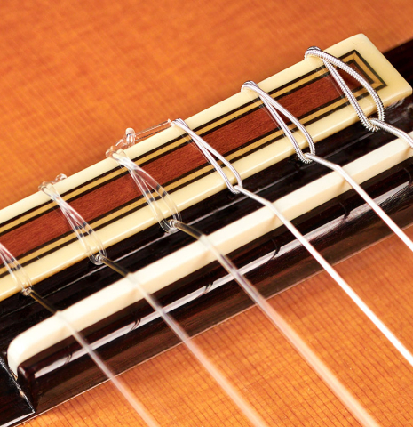 The bridge, saddle and nylon strings of a 2003 Jose Ramirez &quot;Centenario&quot; classical guitar made of cedar and CSA rosewood