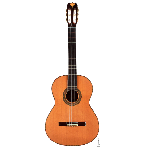 The front of a 2003 Jose Ramirez &quot;Centenario&quot; classical guitar made of cedar and CSA rosewood
