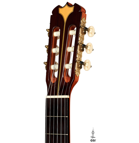 The headstock of a 2003 Jose Ramirez &quot;Centenario&quot; classical guitar made of cedar and CSA rosewood