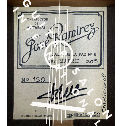 The label of a 2003 Jose Ramirez &quot;Centenario&quot; classical guitar made of cedar and CSA rosewood