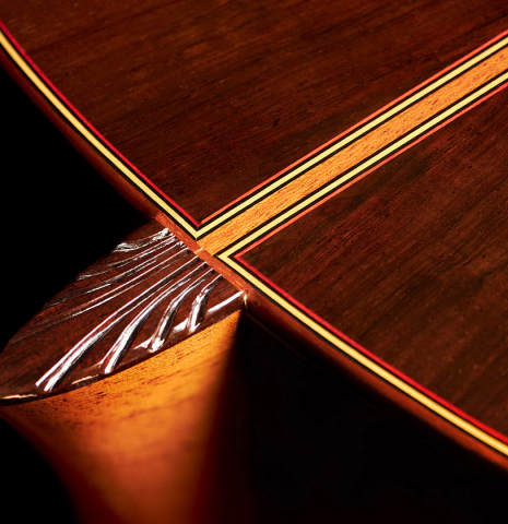 The heel and back of a 2003 Jose Ramirez &quot;Centenario&quot; classical guitar made of cedar and CSA rosewood