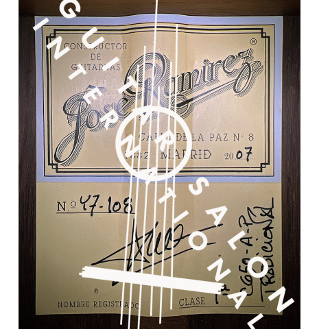 The label of a 2007 Jose Ramirez "1a C650-AP" classical guitar made of spruce and CSA rosewood.