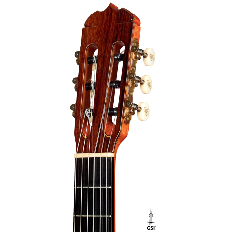 The headstock of a 2007 Jose Ramirez "1a C650-AP" classical guitar made of spruce and CSA rosewood.