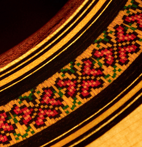 The rosette of a 2007 Jose Ramirez &quot;1a C650-AP&quot; classical guitar made of spruce and CSA rosewood.