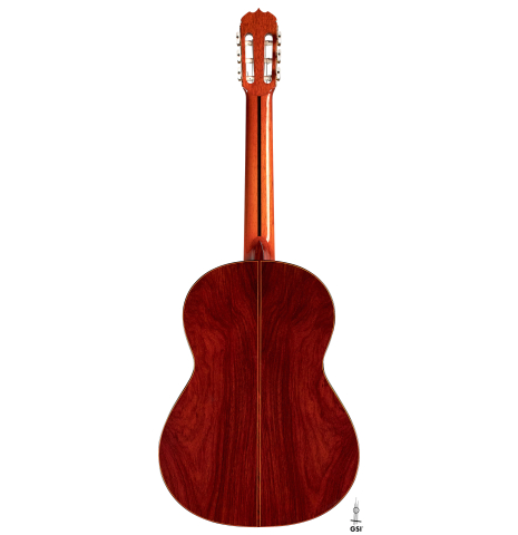 This is the back of a Jose Ramirez &quot;1a&quot; classical guitar built in 1976 on a white background. It has a cedar soundboard and CSA rosewood back and sides.