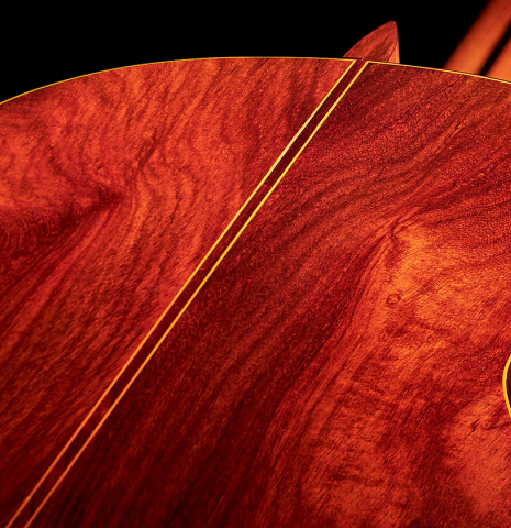 This is a close-up detail of the back of a Jose Ramirez &quot;1a&quot; classical guitar built in 1976. It has a cedar soundboard and CSA rosewood back and sides.