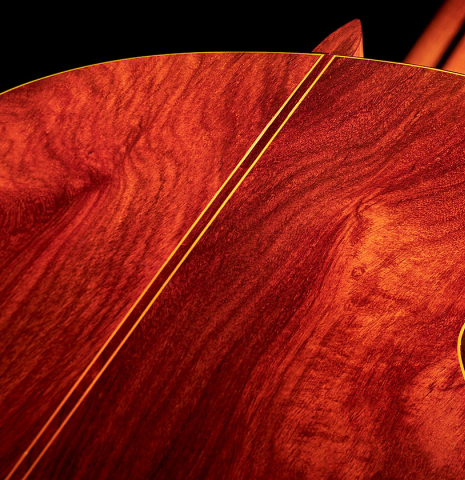 This is a close-up detail of the back of a Jose Ramirez "1a" classical guitar built in 1976. It has a cedar soundboard and CSA rosewood back and sides.