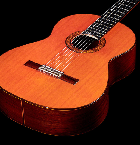 This is the front of a Jose Ramirez "1a" classical guitar built in 1976. It has a cedar soundboard and CSA rosewood back and sides.