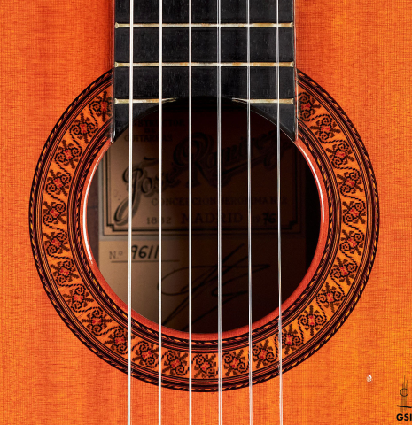 This is the rosette of a Jose Ramirez &quot;1a&quot; classical guitar built in 1976. It has a cedar soundboard and CSA rosewood back and sides.